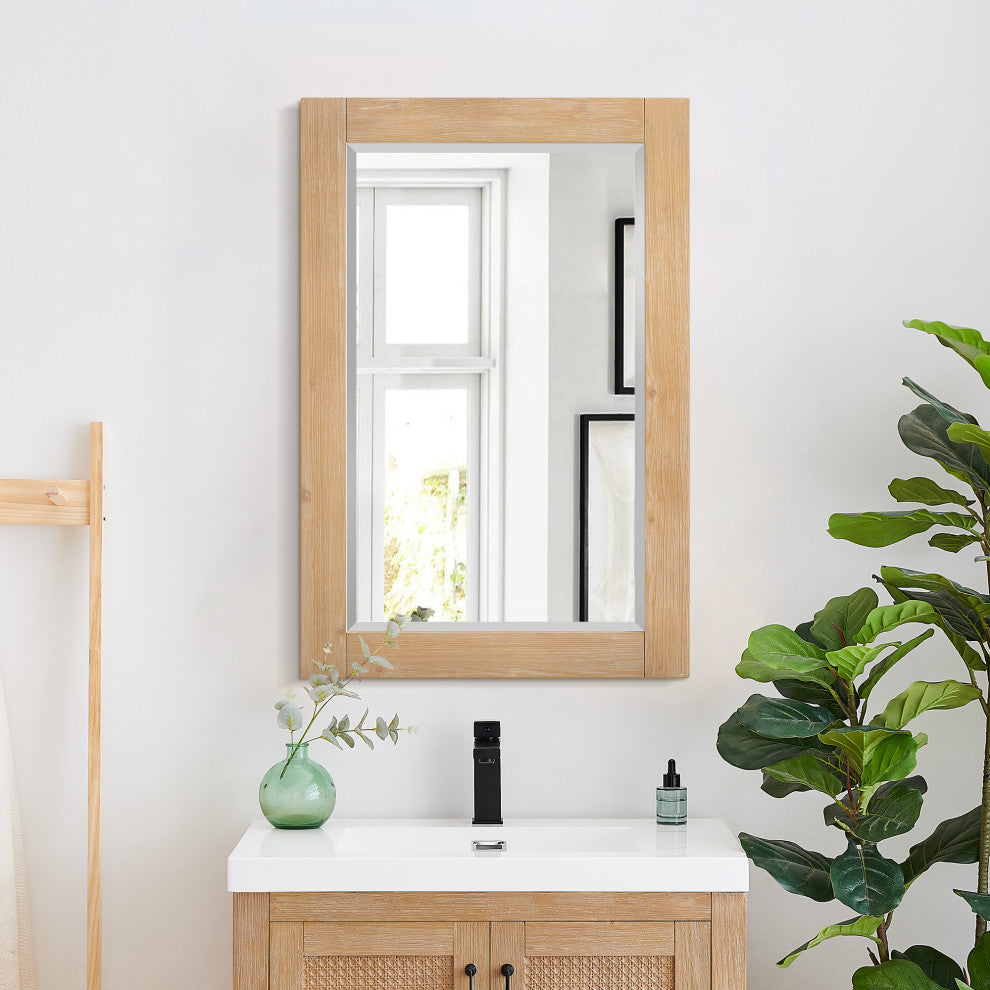 Ivy Rectangular Bathroom Wood Framed Wall Mirror, Light Brown, 24"