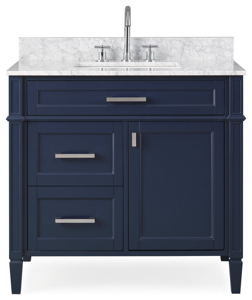 36 Inch Durand Modern Navy Blue Bathroom Sink Vanity with Stone Counter Top, Italian Carrara Top