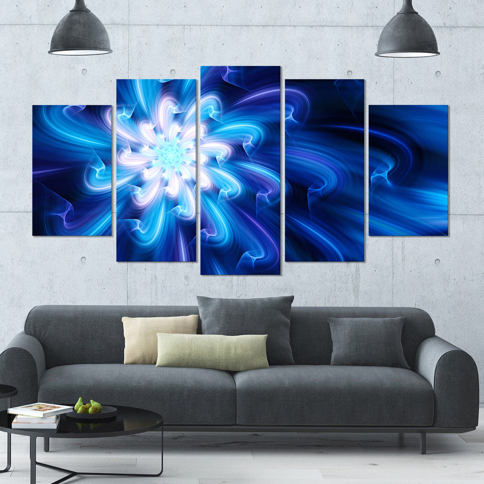 Exotic Blue Flower Dance of Petals, Floral Canvas Art Print, 60"x32", 5 Panels