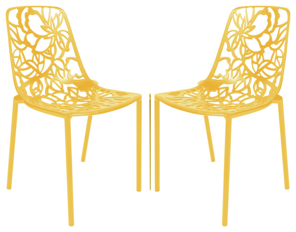 LeisureMod Devon Modern Outdoor Stackable Aluminum Dining Chair, Set of 2, Yellow