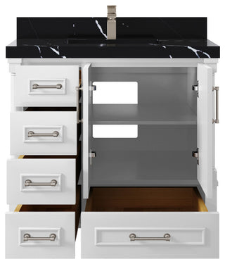 Aberdeen 36 Center Sink Bath Vanity in White 2" Calacatta Black