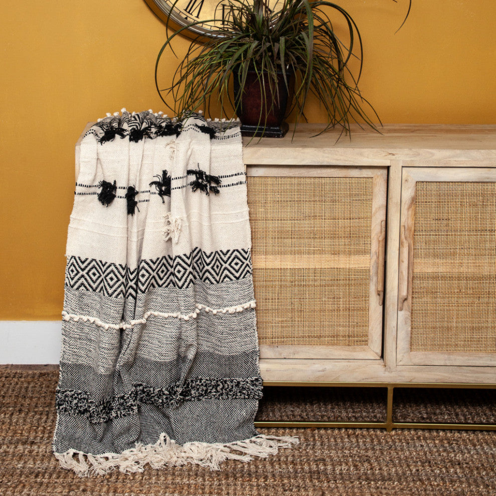 Boho Beige and Black Handloom Weave Throw With Decorative Tassels