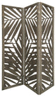 Benzara BM228617 3 Panel Wooden Screen with Laser Cut Tropical Leaf Design, Gray