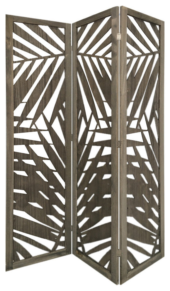 Benzara BM228617 3 Panel Wooden Screen with Laser Cut Tropical Leaf Design, Gray