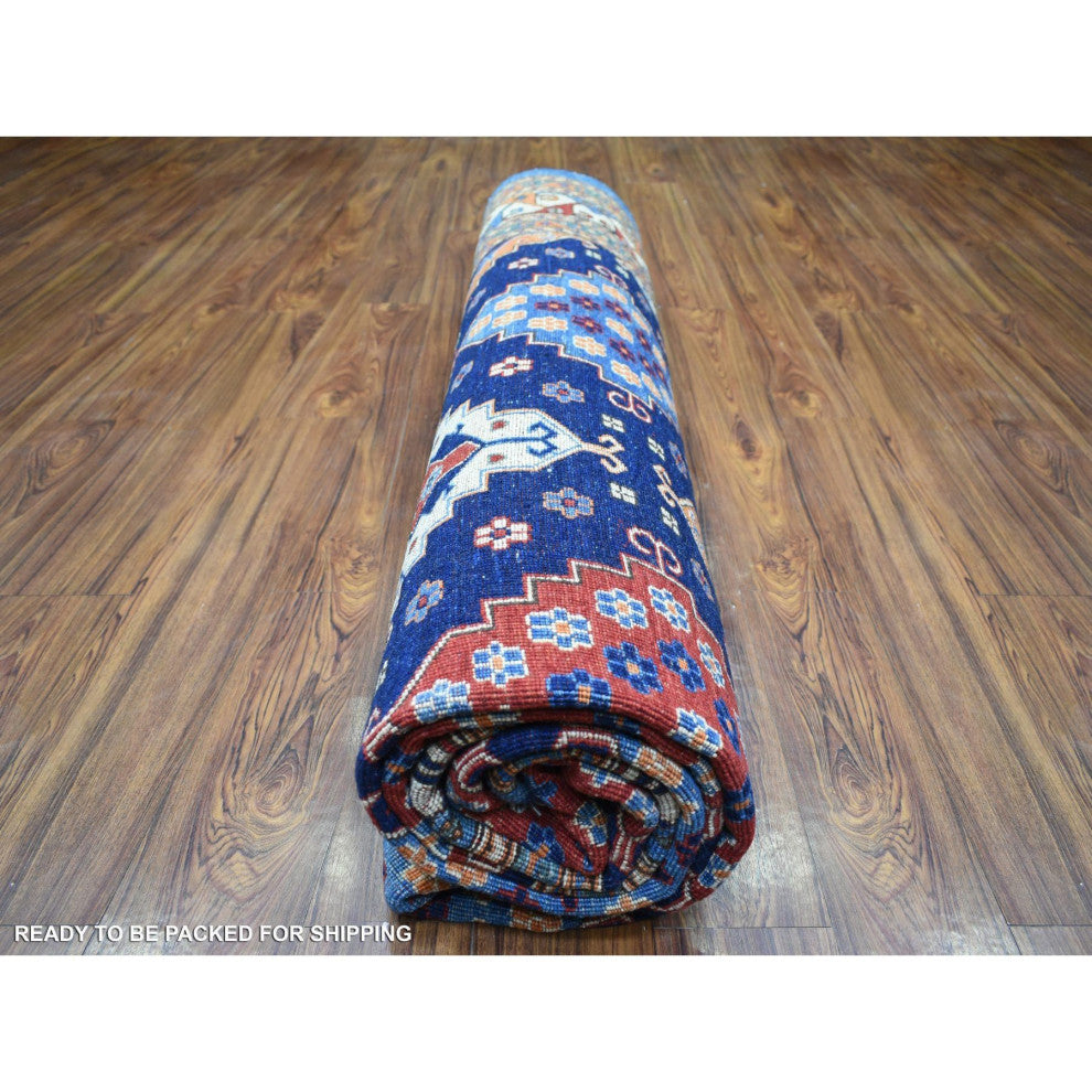 Blue Afghan Ersari With Large Elements Soft Wool Hand Knotted Rug, 9'2"x11'10"