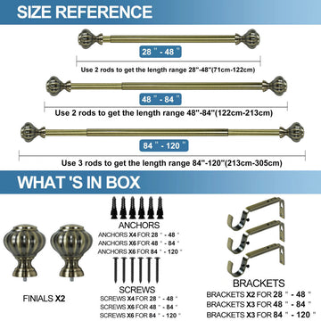1" Doorknob Drapery Curtain Rod, Antique Brass, 84"-120"