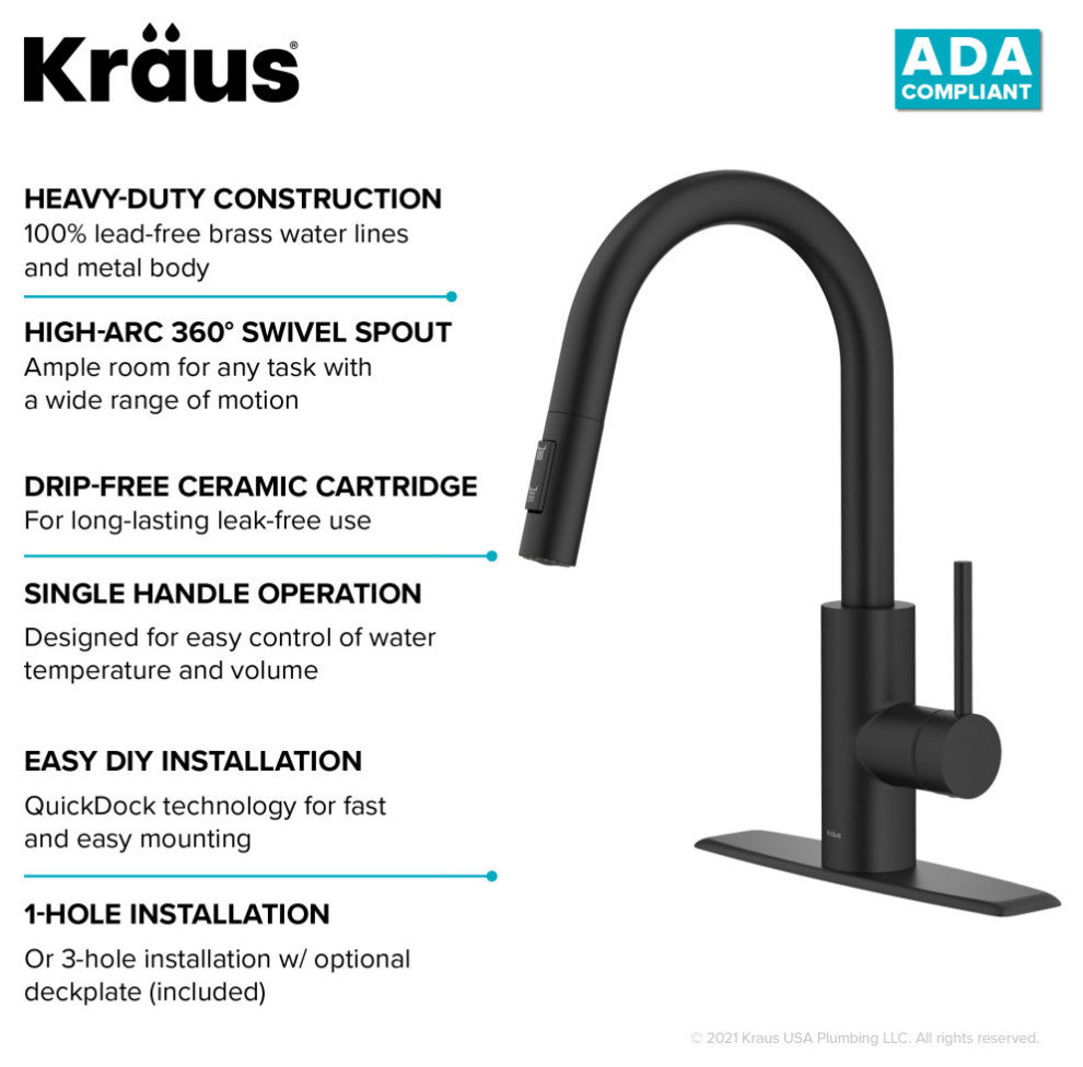 Oletto Pull-Down 1-Hole Kitchen Faucet, Matte Black