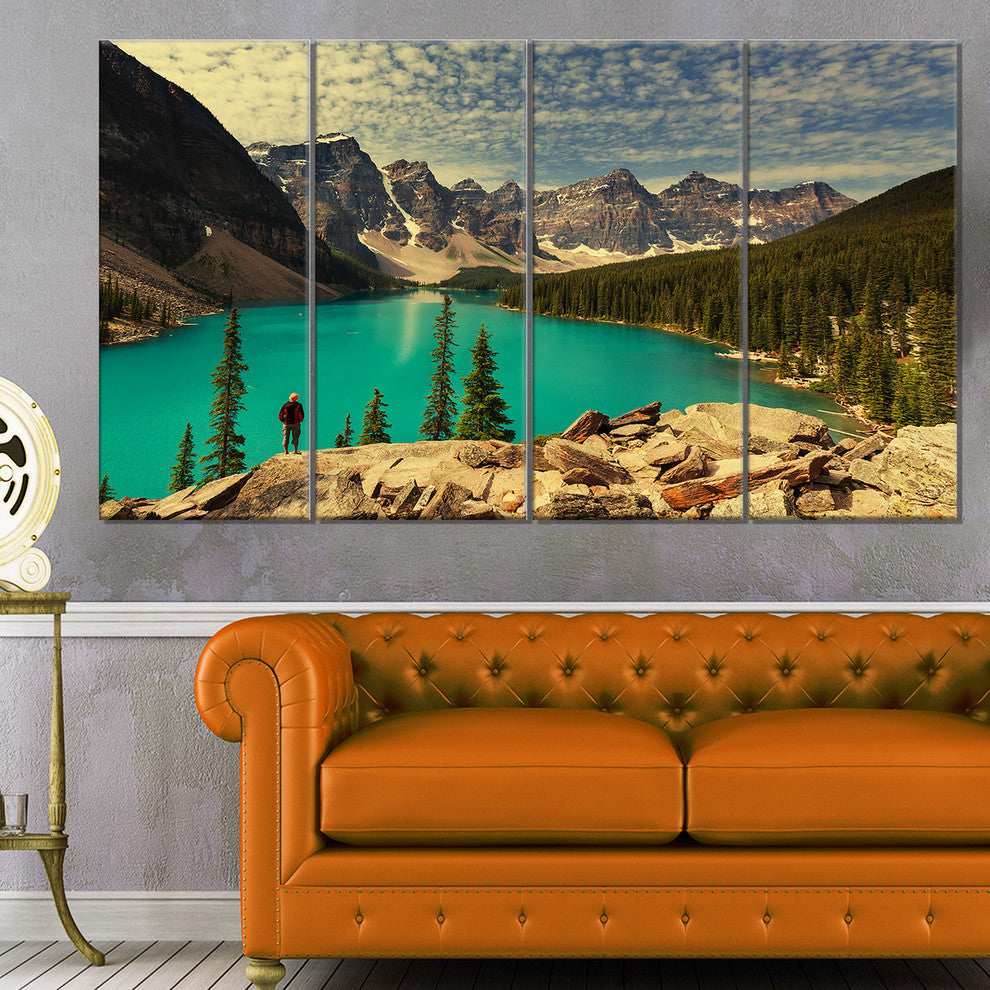 Beautiful Moraine Mountain Lake, Large Landscape Canvas Art, 48"x28", 4 Panels