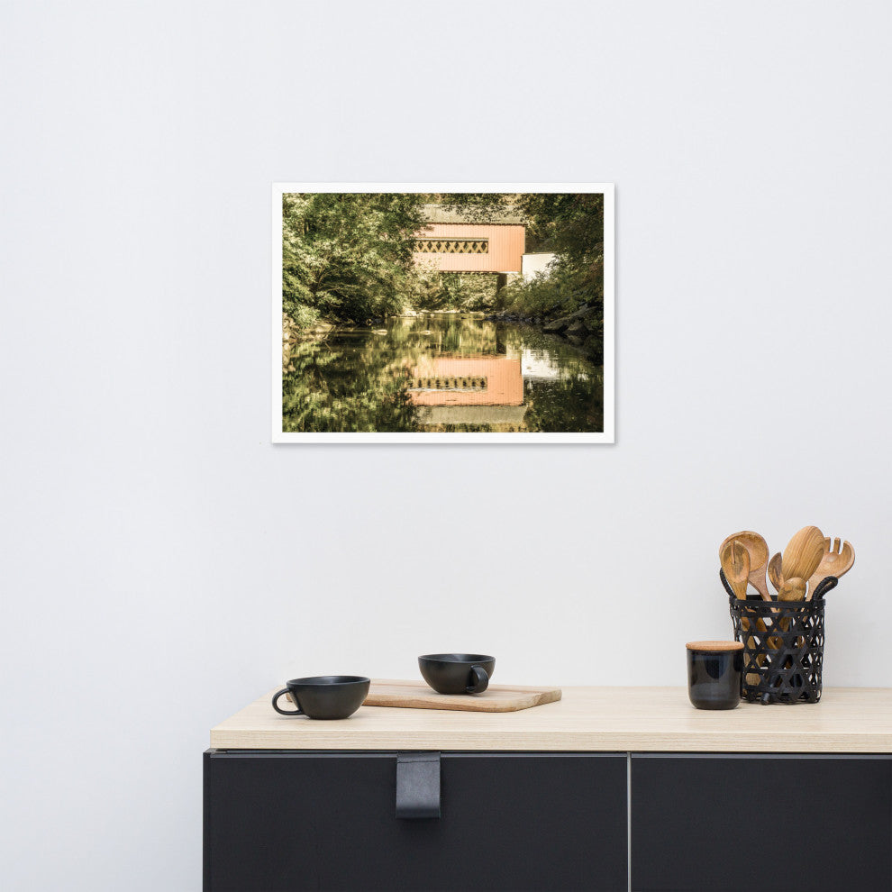 The Reflections of Wooddale Covered Bridge Aged Framed Photo Wall Art Print, White, 18" X 24"