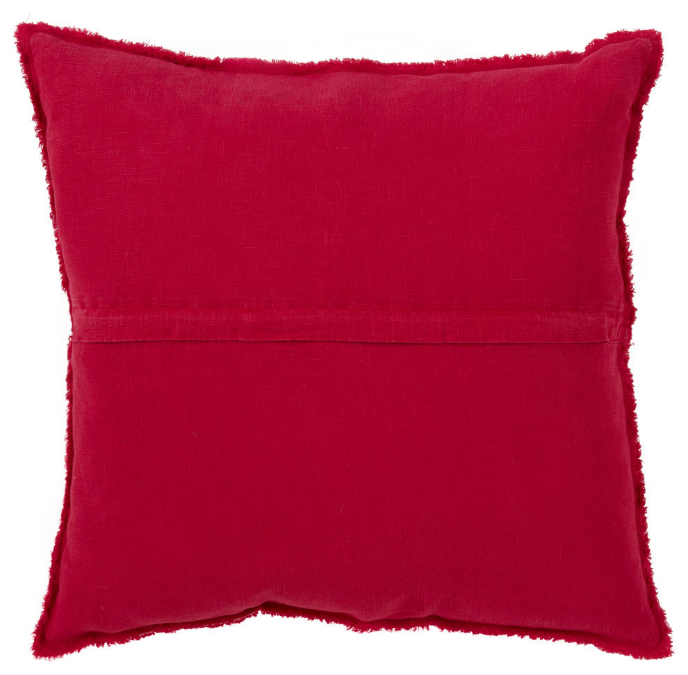 Fringed Design Linen Throw Pillow, Red, 20", Down Filled