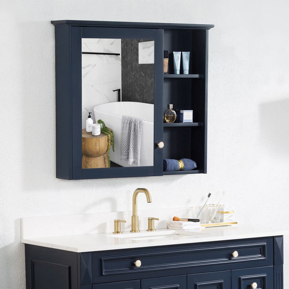Solid Wood Bathroom Medicine Cabinet With Silver Coated Mirror, Navy Blue, 34"x30"