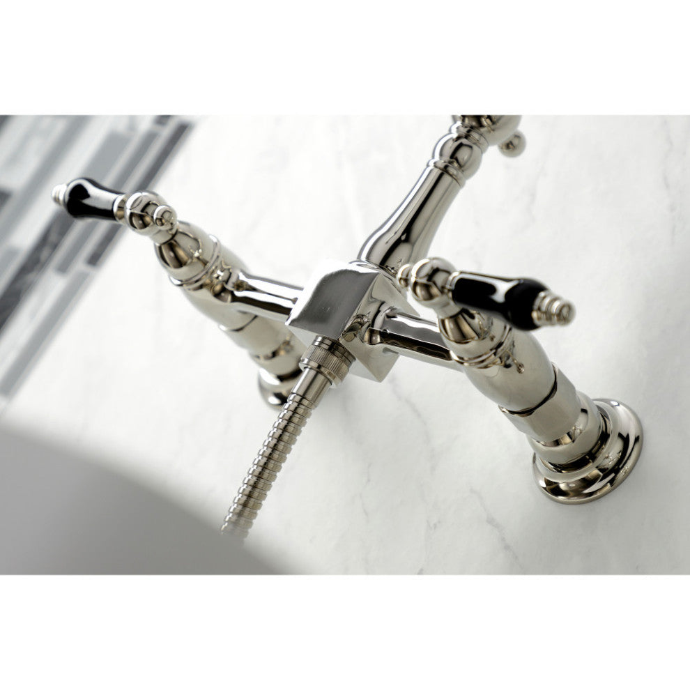 KS1246PKLBS Wall Mount Bridge Kitchen Faucet With Brass Spray, Polished Nickel