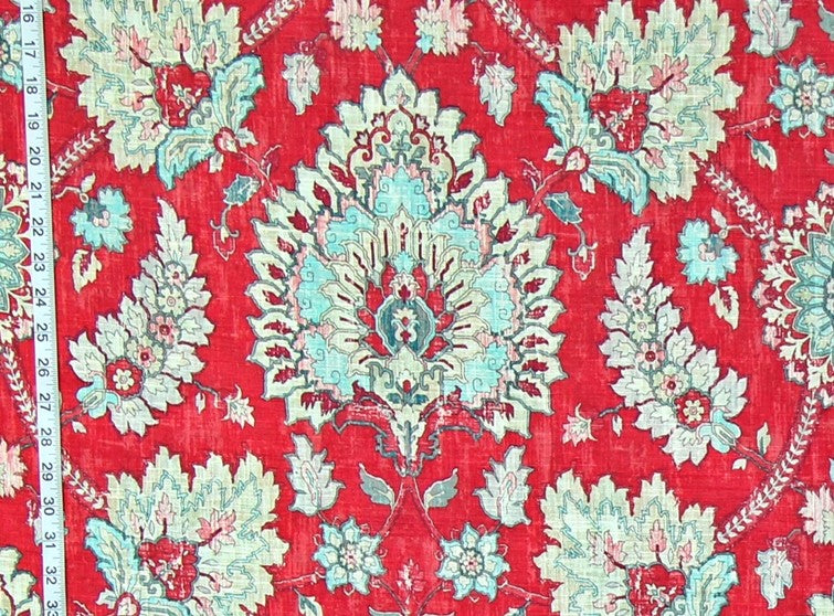 Raspberry Red Vintage Persian Rug Fabric Linen, Sample Cut