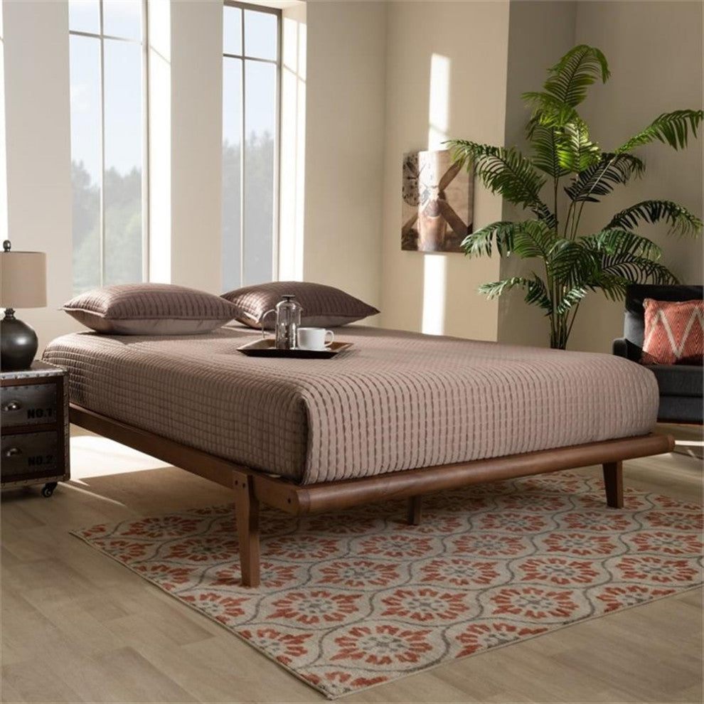 Kaia Mid-Century Modern Walnut Browned Wood Full Size Platform Bed Frame