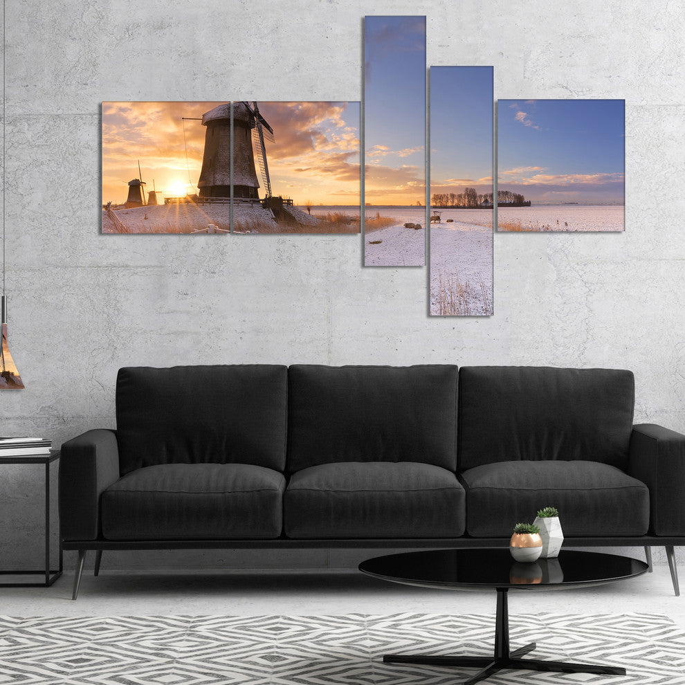 Dutch Windmills at Sunrise, Abstract Canvas Wall Art, 60"x32", 5 panels