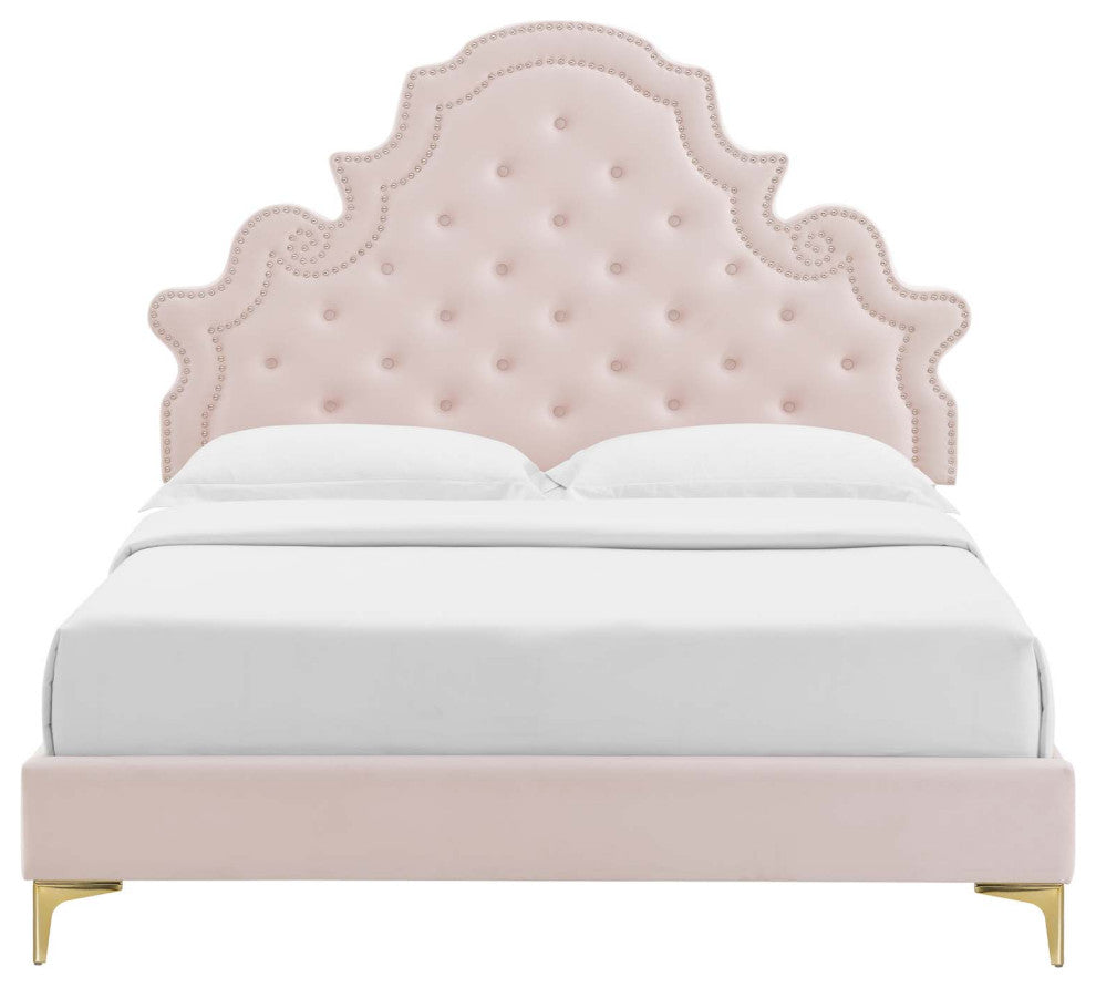Tufted Platform Bed Frame, Twin Size, Velvet, Pink, Modern Contemporary, Bedroom