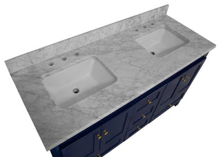 Abbey 60" Bath Vanity, Base: Royal Blue, Top: Carrara Marble, Double Vanity