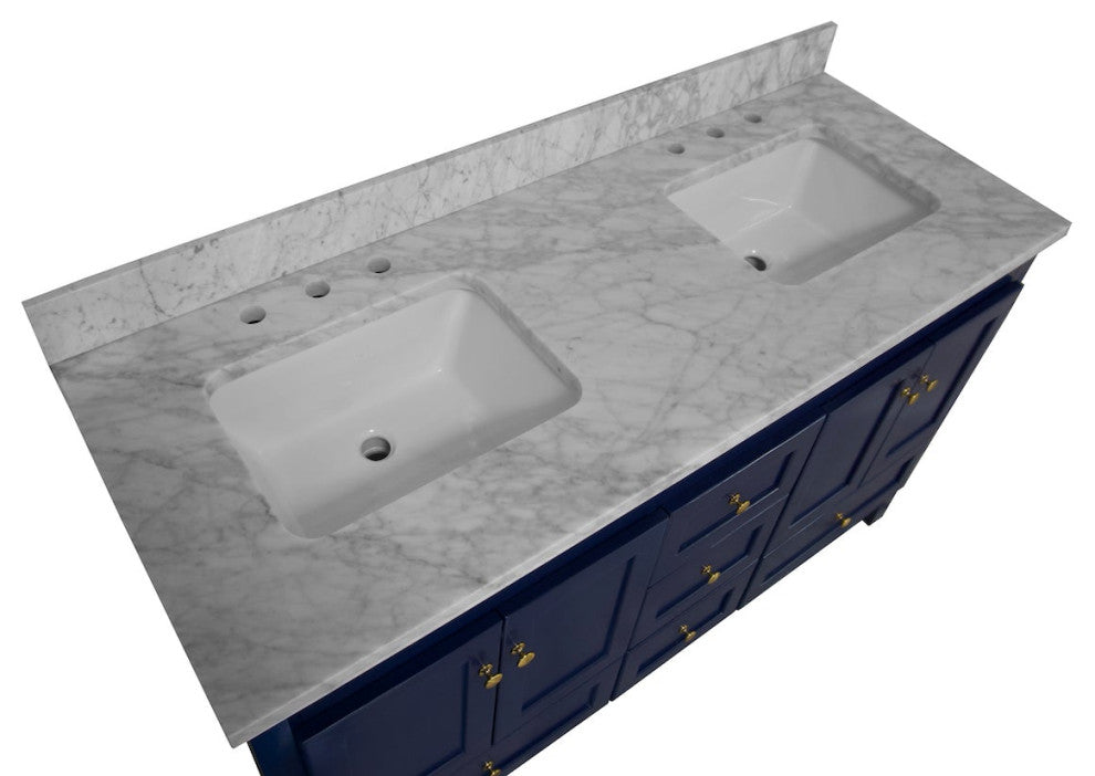 Abbey 60" Bath Vanity, Base: Royal Blue, Top: Carrara Marble, Double Vanity