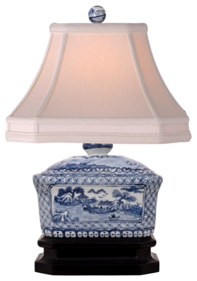 Blue and White Porcelain Candy Box Table Lamp Blue Willow 15"