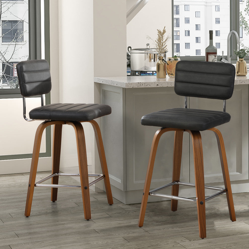 Swivel Bar Stool Leather Bar Stool, Wood Legs, Counter Height, Pu, Set of 2, Gray, 26"