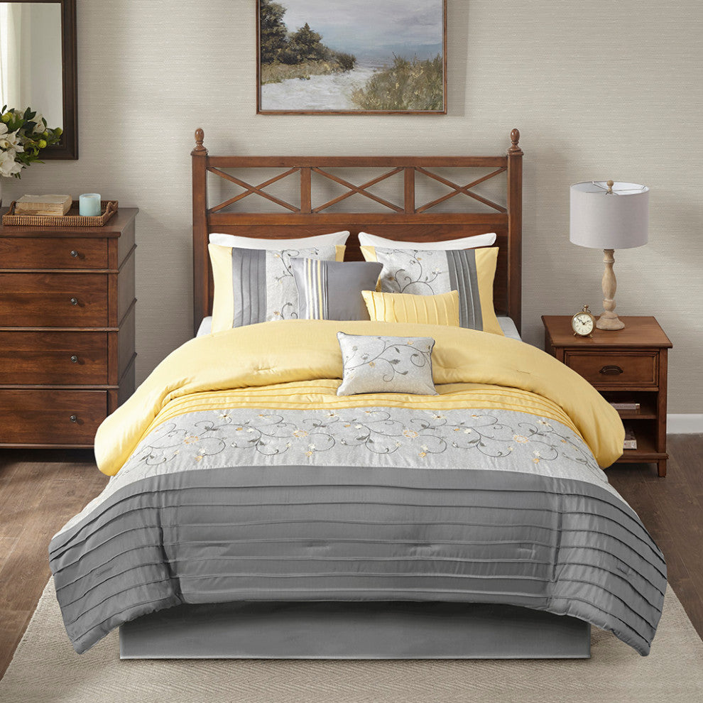 Madison Park Serene Embroidered 7 Piece Comforter Set, Yellow