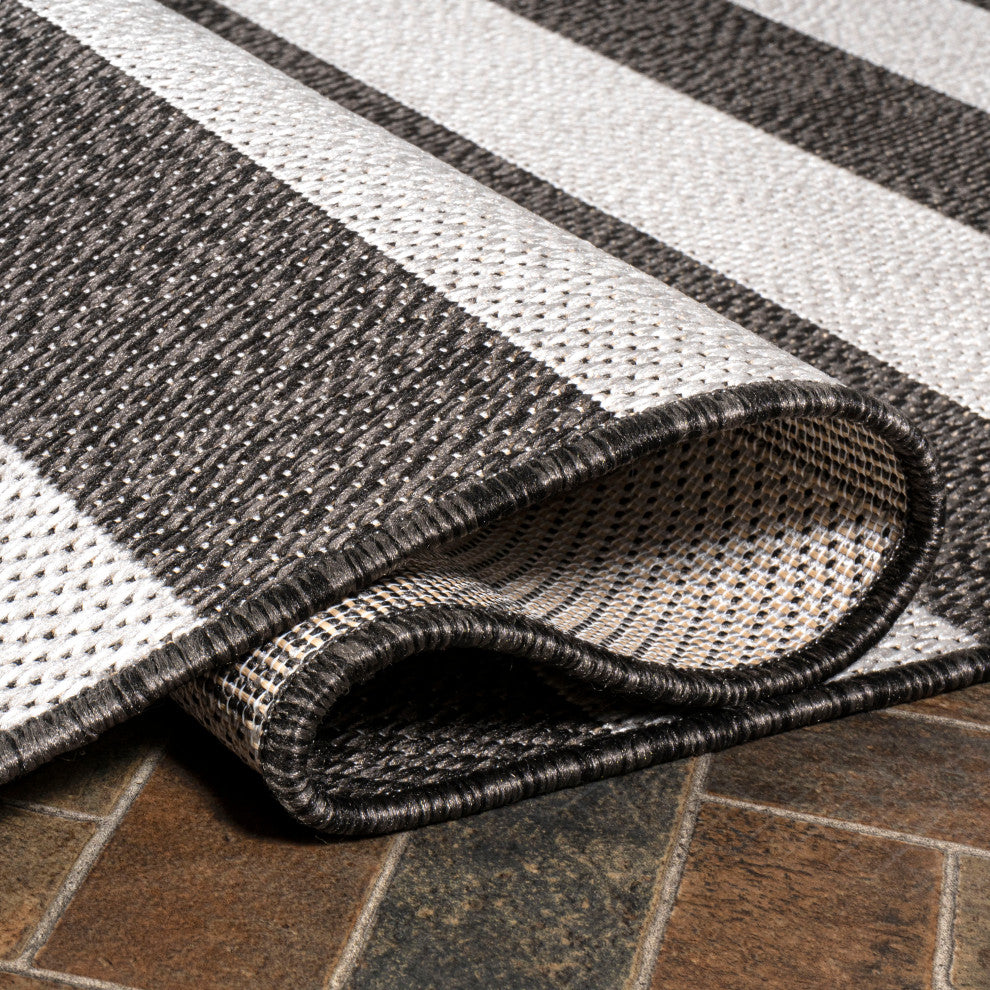 Negril Two-Tone Wide Stripe Indoor/Outdoor Area Rug, Black/Cream, 3x5