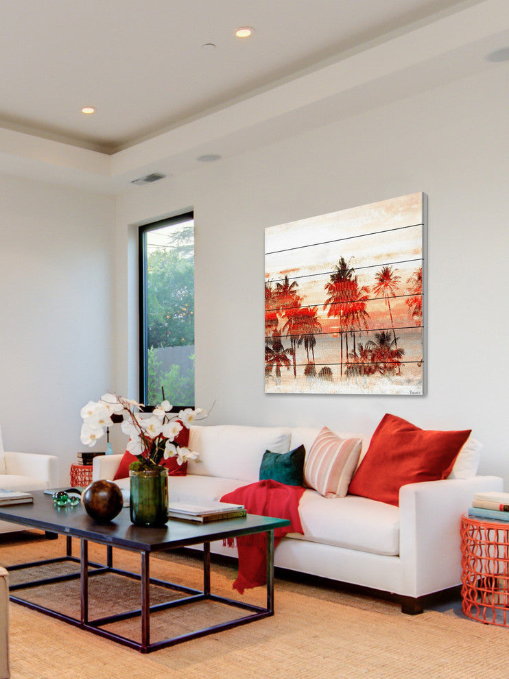 "Glowing Red Palms" Painting Print on White Wood, 18"x18"