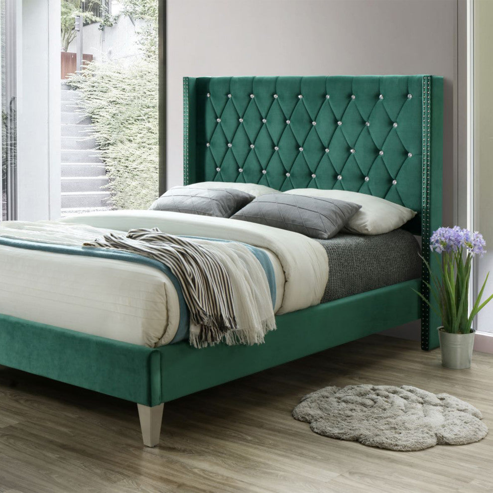 Better Home Products Alexa Velvet Upholstered Queen Platform Bed, Green