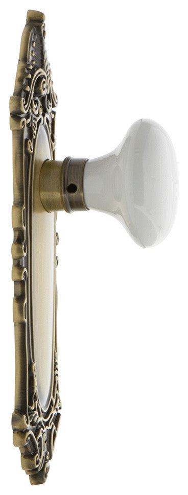 Victorian Plate Passage Poreclain Door Knob, Antique Brass