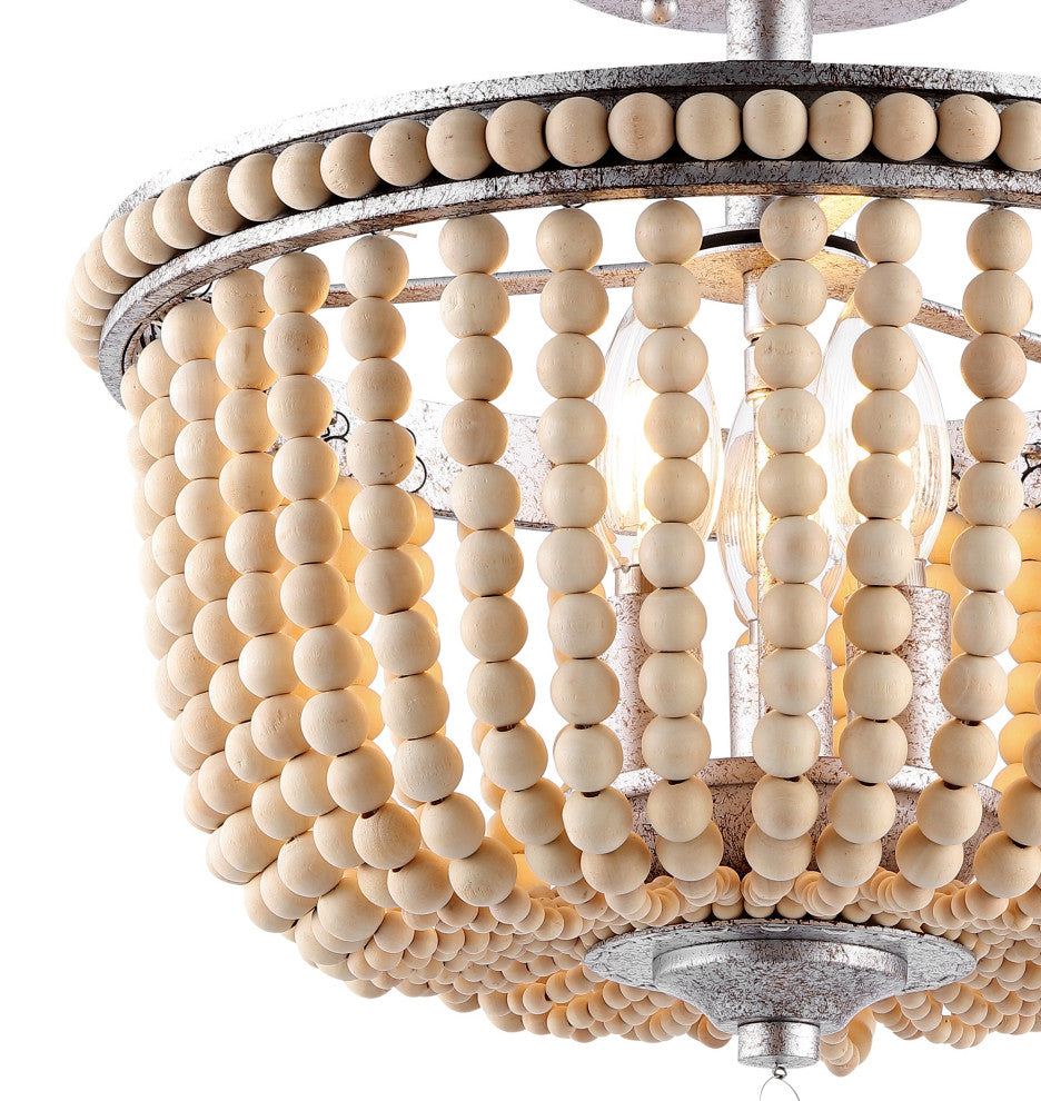 Allie 14" 3-Light Farmhouse Wood Bead/Iron LED Semi Flush Mount, Silver/Taupe