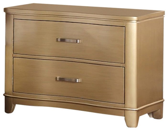 Pine Wood Night Stand With Two Drawers, Gold