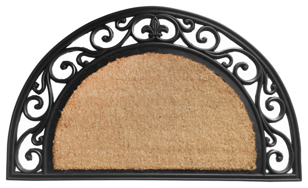 RugSmith Natural Moulded Fleur De Lis Border Half Round Doormat, 18"x30"
