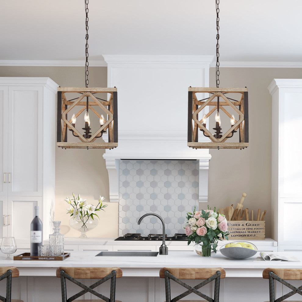 LNC Wood Modern Farmhouse Square Cage Pendant Lighting, 14"width (Metal Accented), 4 Lights