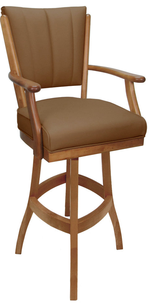 Leather Swivel Wood Bar Stool Classic on S-Base, Brown Leather on Honey, 34"