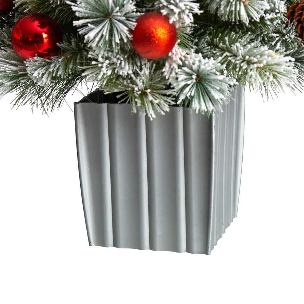 4' Winter Flocked Christmas Tree Pre-Lit With 50 LED Lights, Ornaments, Planter