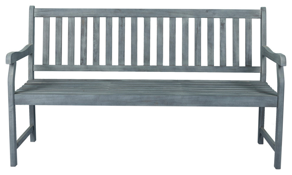 Laurel 59.1" 3-Seat Slat-Back Acacia Wood Outdoor Garden Patio Bench, Gray