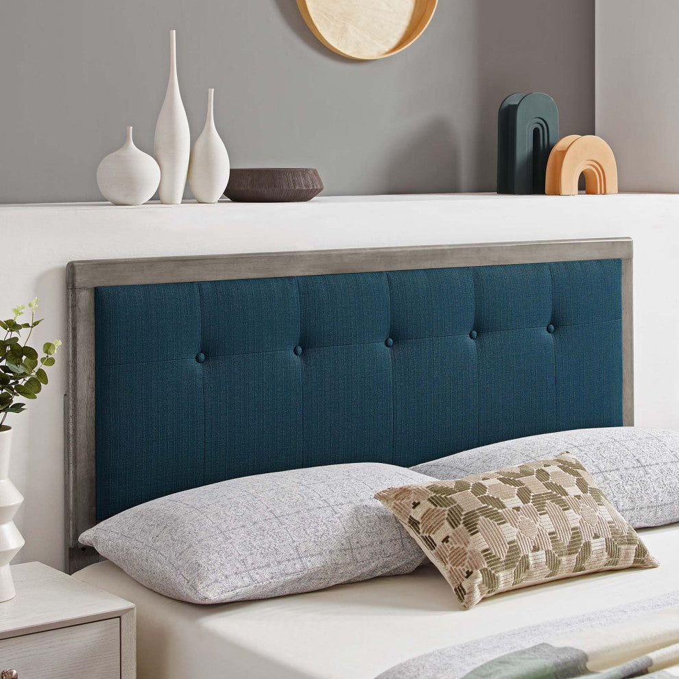 Tufted Headboard, Twin Size, Wood, Fabric, Gray Navy Blue, Modern