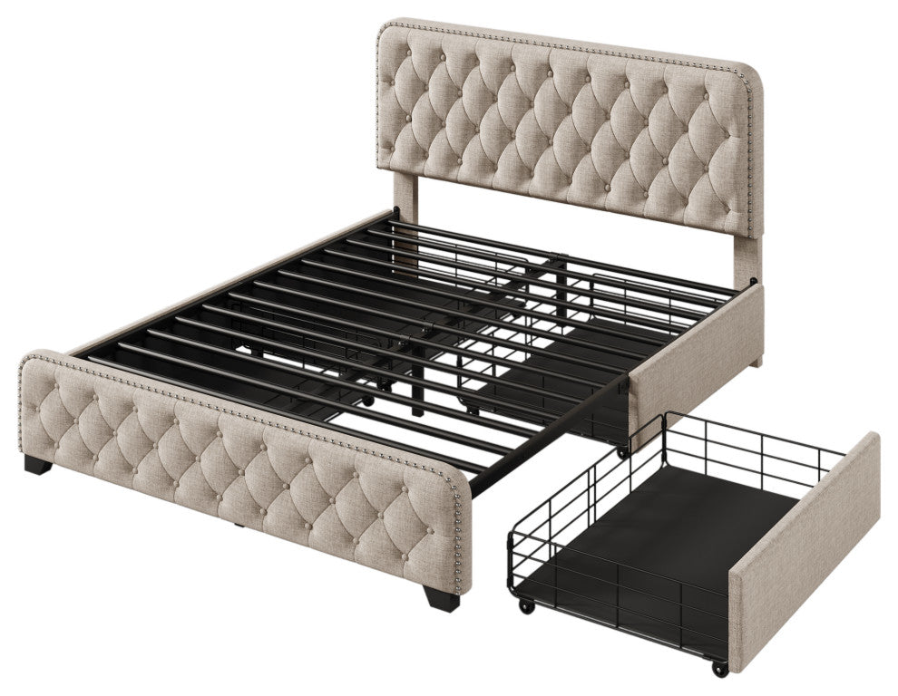 Metal Platform Bed with Headboard, Upholstered and 4-Drawer, Beige, 84.6" X 64.6"