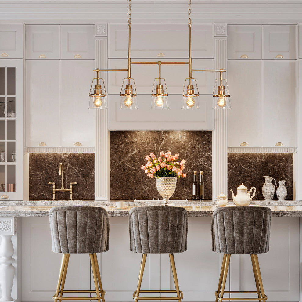 LNC 5-Light Polished Gold Modern Linear Kitchen Pendant Island Light, Linear