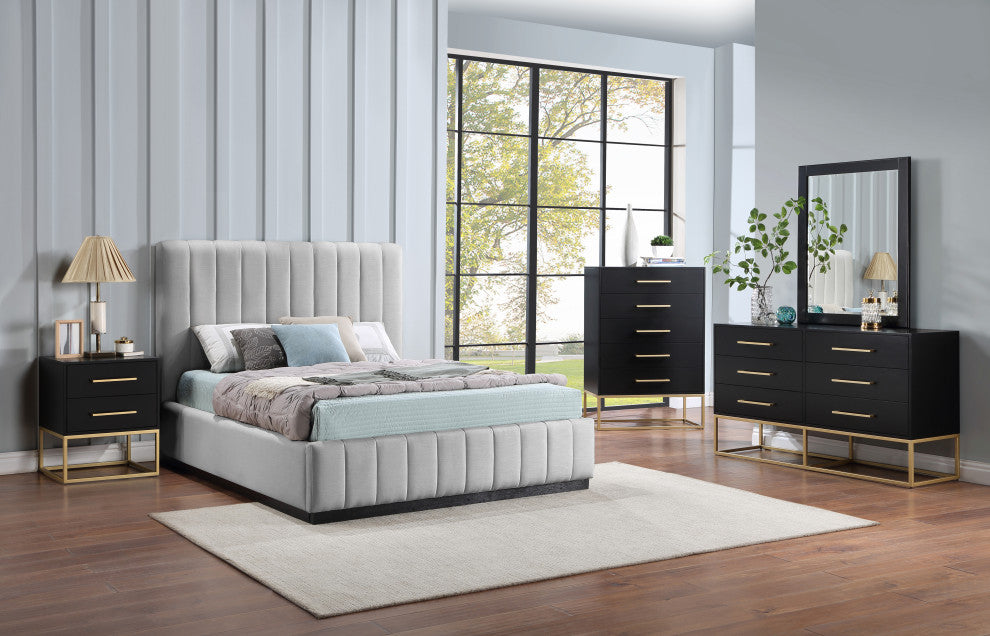 Lucia Beige Linen Textured Fabric Full Bed, Gray, Queen, Black Finish