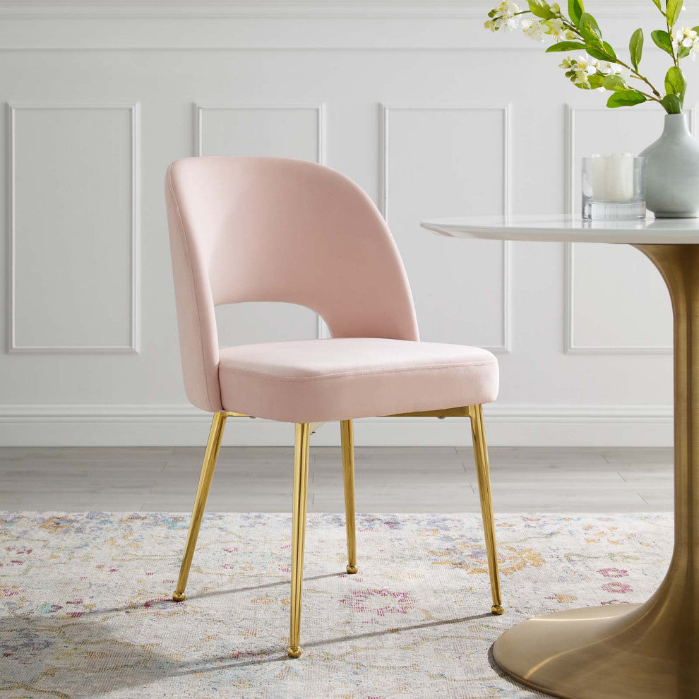 Side Dining Chair, Velvet, Metal, Pink, Modern, Bistro Restaurant Hospitality