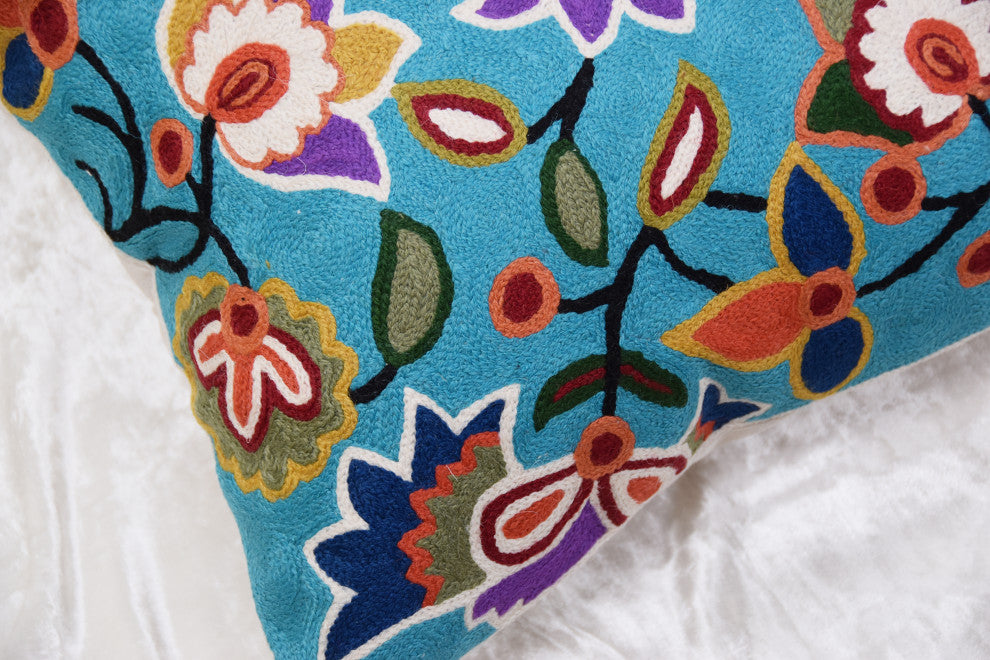 Turquoise Floral Pillow Cover Hand Embroidered Modern Design Wool 18x18