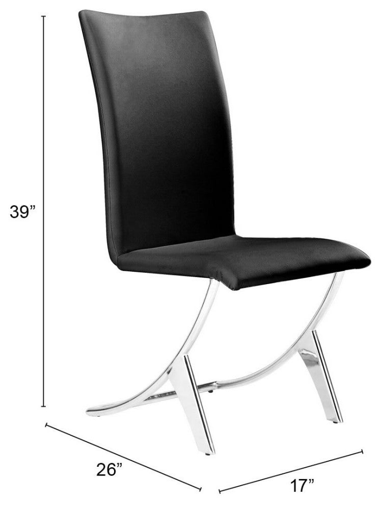Dining Chair, Set of 2, Faux Vinyl Leather, Steel, Black, Chrome, Cafe Bistro