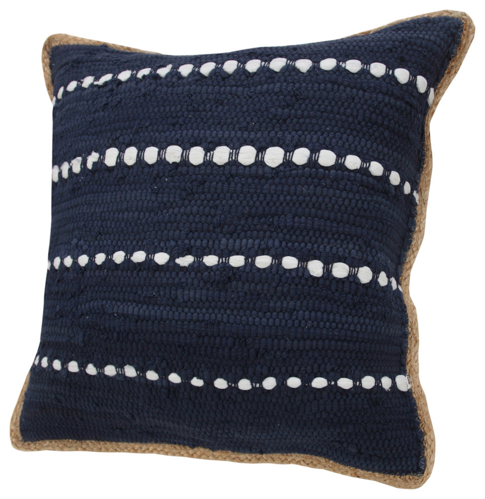 Navy Blue and White Striped Jute Bordered Throw Pillow