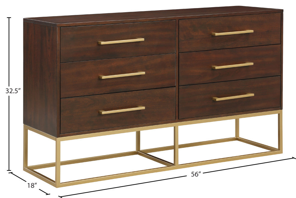 Maxine Wood Dresser With Durable Brushed Gold Metal Base, Dark Cherry Finish