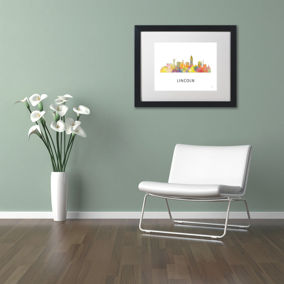 'Lincoln Nebraska Skyline Wb 1' Framed Art, Black Frame, White Matte, 14x11