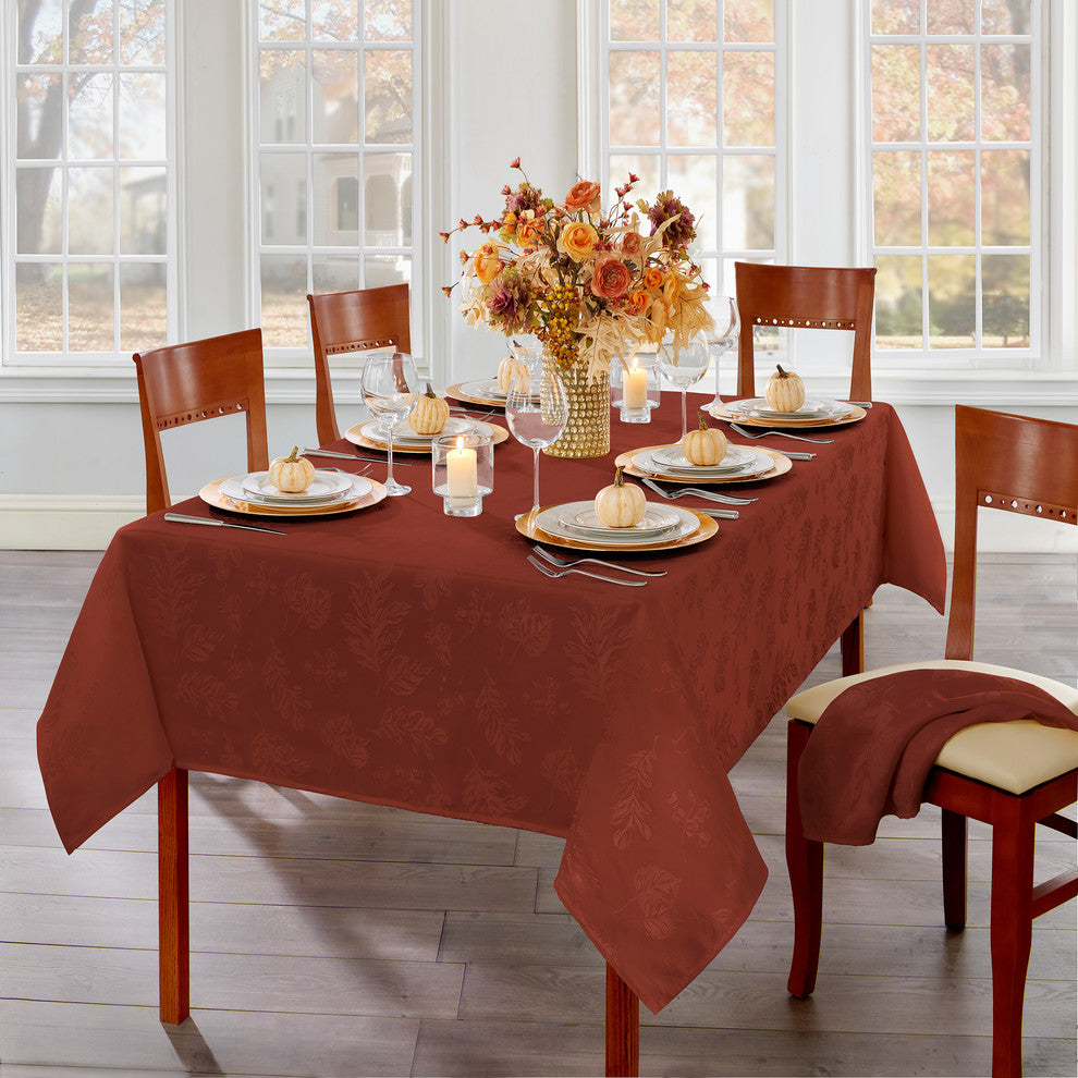 Elegant Woven Leaves Jacquard Damask Tablecloth, Spice Red, 52"x52" Square