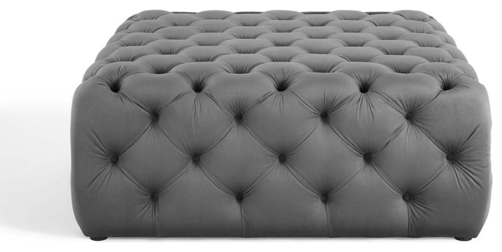 Tufted Accent Chair Ottoman, Square, Velvet, Gray, Modern, Lounge