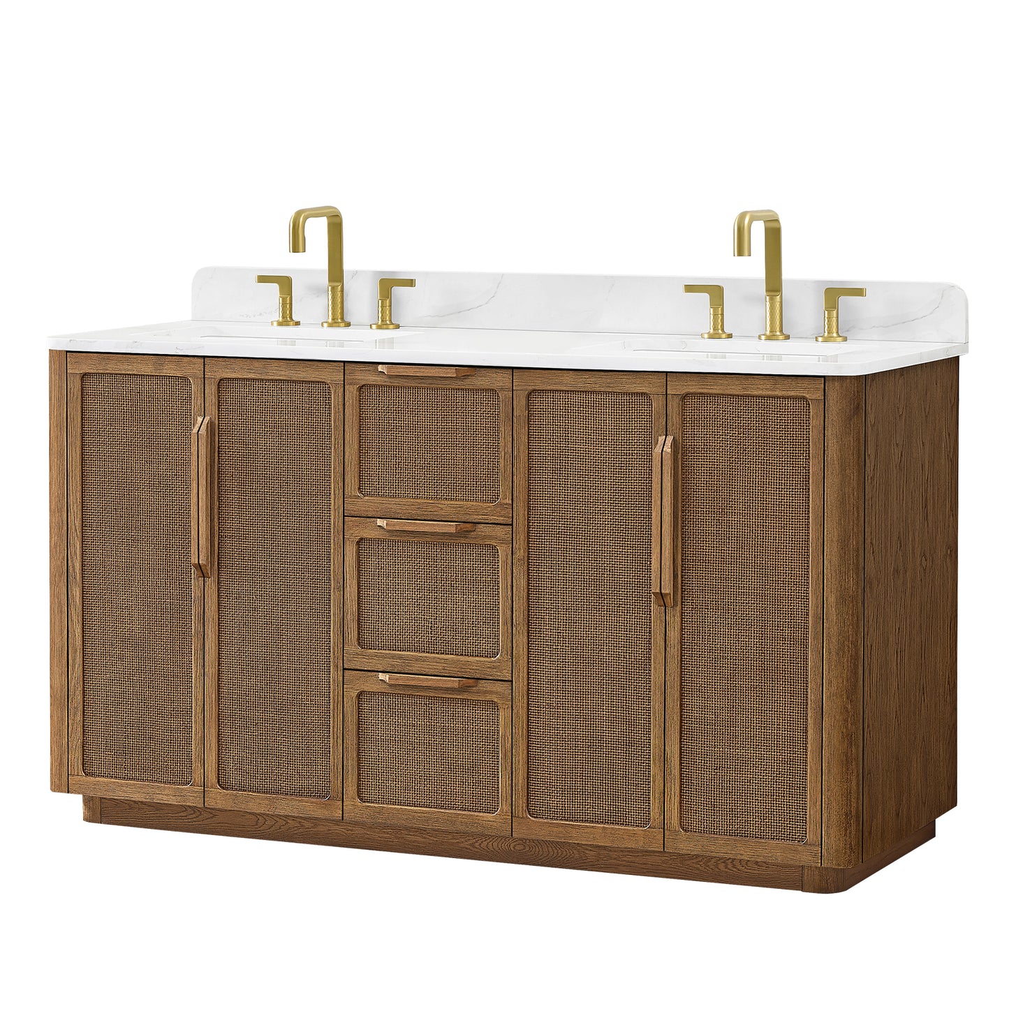 Busan Bath Vanity, Quartz Top No Mirror, Oak Classic Brown, 60", Double Vanity