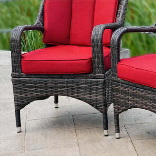 Set of 2 Brown Outdoor Patio Wicker Dining Cozy Armchairs, Red Cushions
